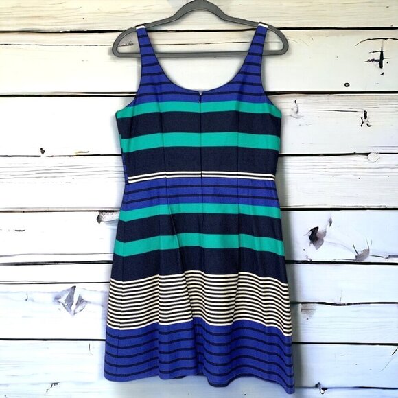 Ann Taylor LOFT Striped Sleeveless Skater Dress Blue Green White Cotton Size 6 - Picture 2 of 6